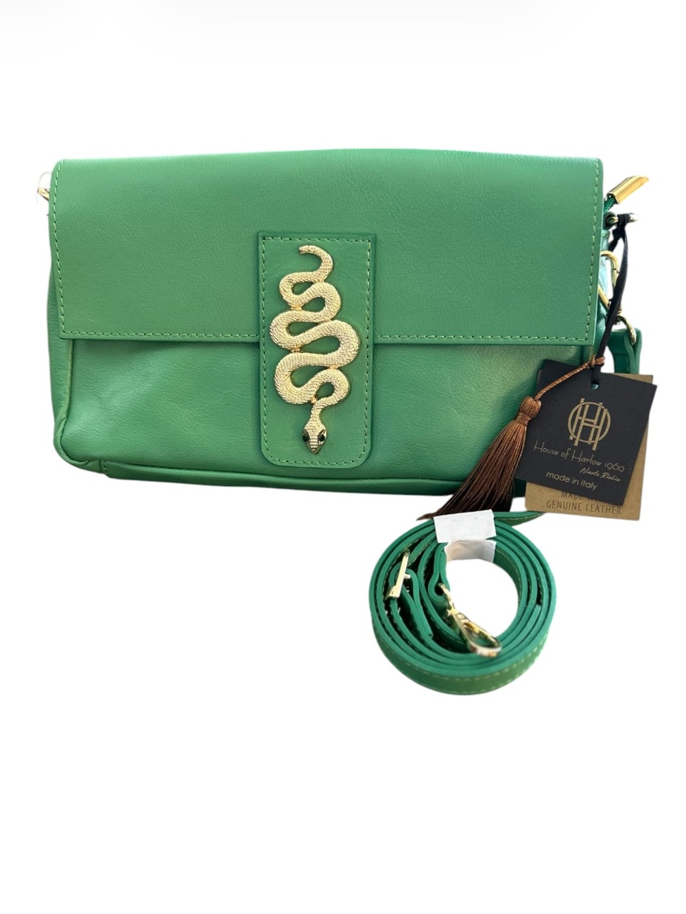 NWT House of Harlow 1960 ITALY Green Leather Crossbody with Gold Snake Hardware